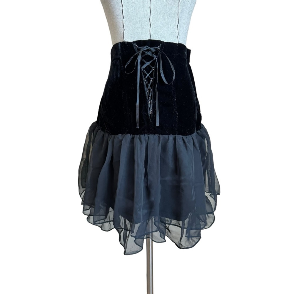 Vintage 80s 90s Contempo Casuals Black Velvet Lace Up Corset Skirt Whimsigoth